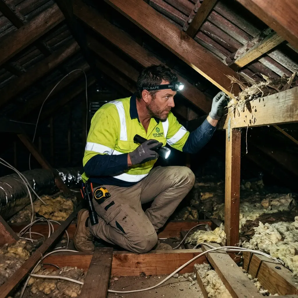 Technician inspecting a Main Ridge roof cavity for a dead possum